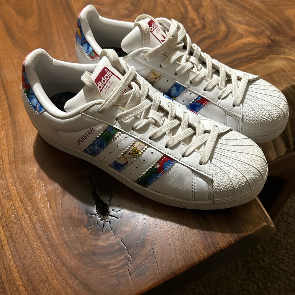 adidas White Superstar Sneakers with Multicolor Stripe Accents